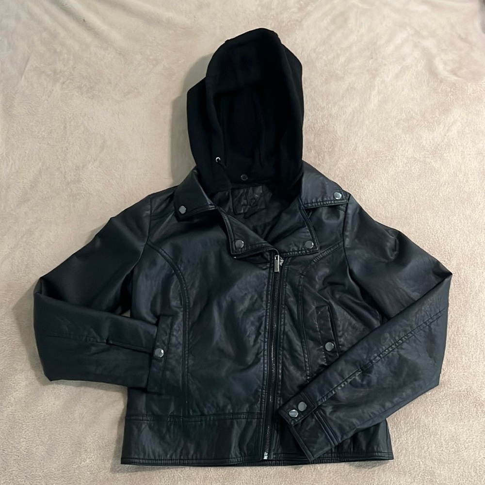 Black vegan leather hooded jacket